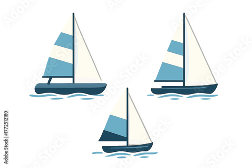 Pattern of three small sailing yachts with striped sails floating on the water