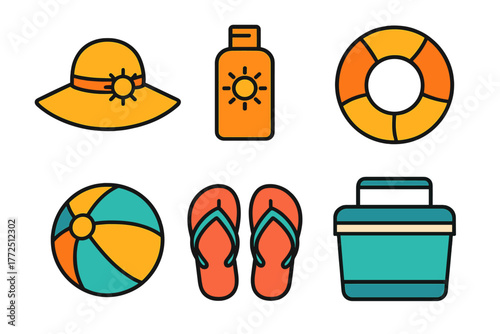 Essential summer beach vacation items set including sun hat, sunscreen, and flip flops