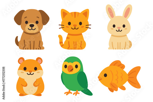 Cute cartoon domestic animals collection featuring dog cat rabbit hamster parrot goldfish