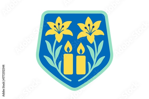 Decorative shield emblem with two yellow lilies and a pair of lit candles on a blue background