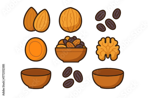 Collection of dried fruits and nuts including almonds, walnuts, and raisins with serving bowls