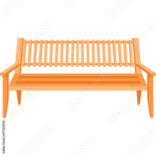 A simple wooden park bench with a slatted back and seat in a natural wood color against a white background