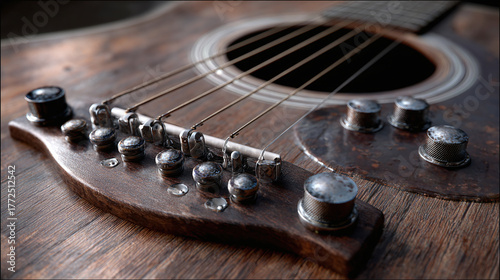 A close-up shot of an acoustic guitar, displaying the instrument's headstock, strings, and sound hole, showcasing the details of its craftsmanship