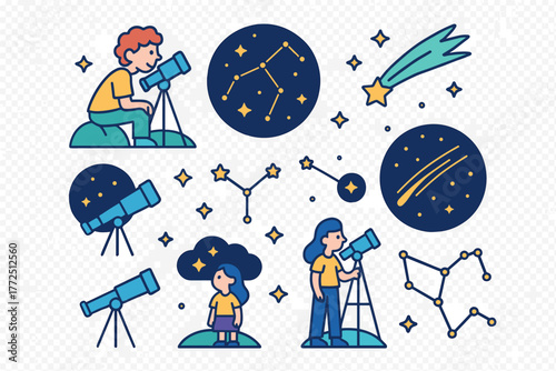 People using telescopes for stargazing and astronomy observation under the night sky