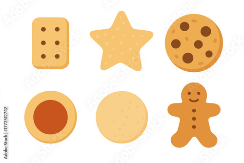 Assortment of six sweet baked cookies and biscuits including gingerbread man and chocolate chip