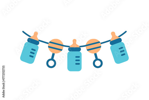 Decorative baby bunting garland with blue baby bottles and orange circular rattles