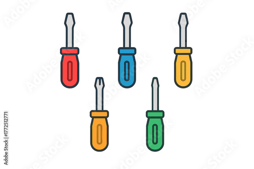 Colorful flathead screwdrivers collection arranged in pattern on white background