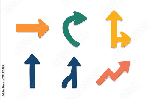 Six colorful directional arrows pointing in various ways representing movement navigation and growth