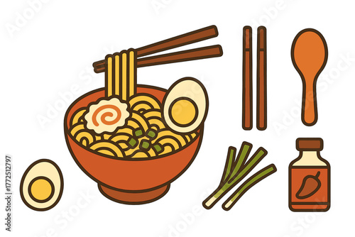 Traditional Japanese ramen noodle soup bowl with chopsticks and various ingredients