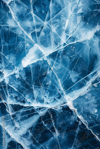 Blue ice texture with intricate cracks, winter backdrop for design with copy space
