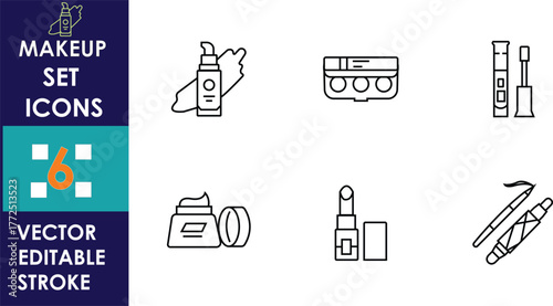 Minimalist makeup icon set featuring foundation, eye shadow palette, mascara, face cream, lipstick, and eyeliner in clean line art style with editable vector strokes