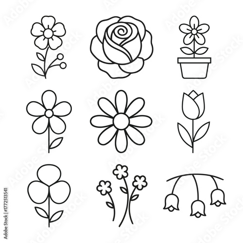 Collection of simple hand drawn flower illustrations in outline style