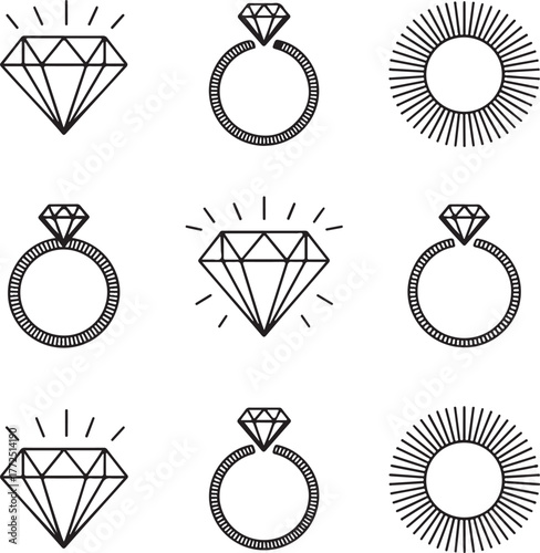 A set of line art icons for jewelry, featuring diamonds and engagement rings