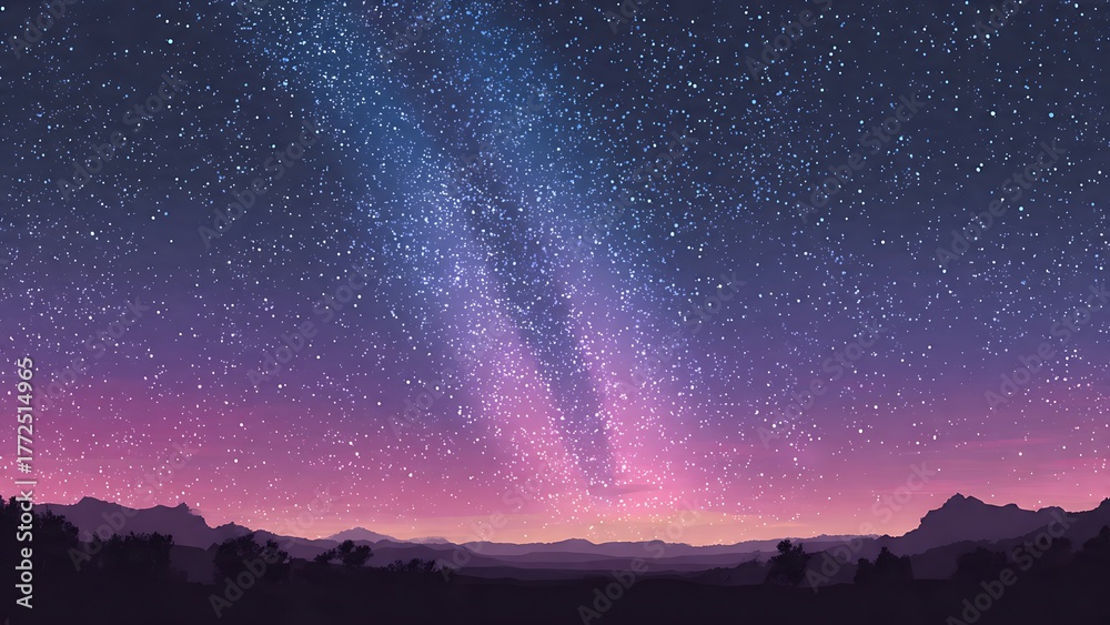 Fototapeta premium Milky Way Galaxy Vector Illustration — Starry Night Over Silhouette Horizon 
