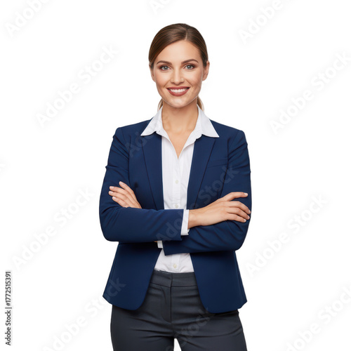 A smiling woman in a blue blazer and white shirt, crossed arms, standing with her arms crossed, against transparent background