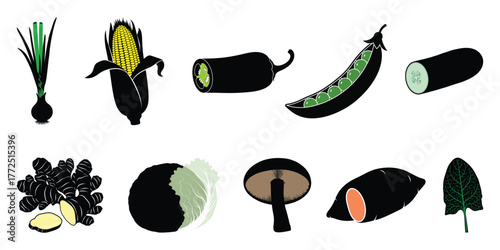 Collection of fresh vegetables and produce artistically arranged on a white background