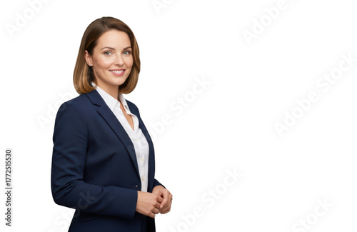 A smiling woman in a business suit standing with her arms crossed, against transparent background