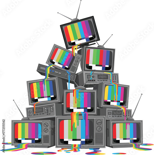 A pile of old televisions with color bars and colorful liquid flowing from the screens.