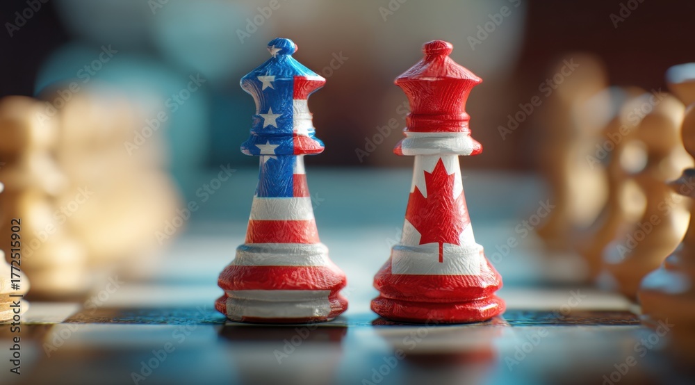 Naklejka premium Two chess pieces painted in the colors of United States and Canada.