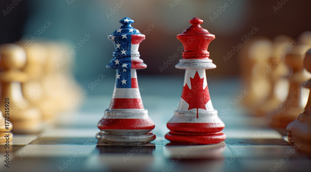 Naklejka premium Two chess pieces painted in the colors of United States and Canada.