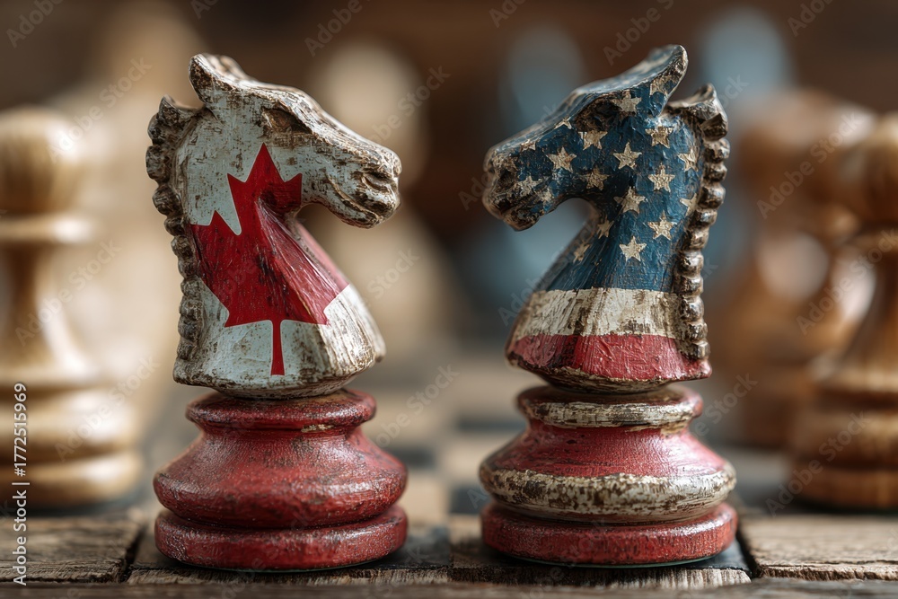 Naklejka premium Two chess pieces painted in the colors of United States and Canada.
