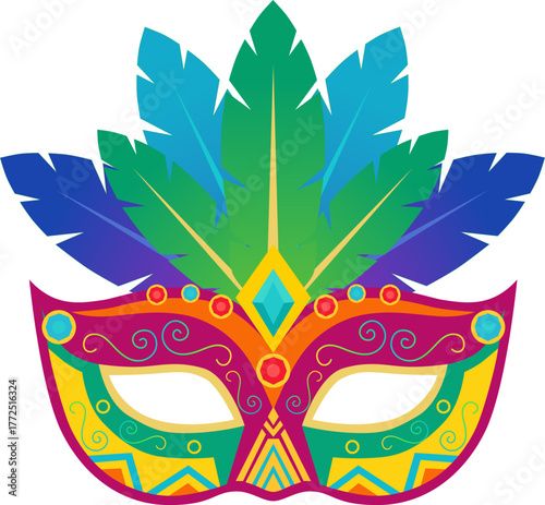Carnival mask with feathers, diamonds, and bright flowers. Isolated vector illustration.