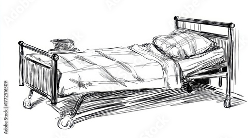 A care bed in hospital, black and white sketch.