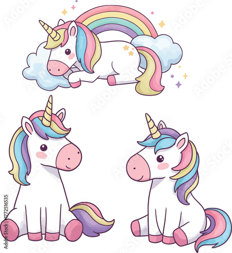 Three adorable unicorns with colorful rainbows and clouds fantasy creatures