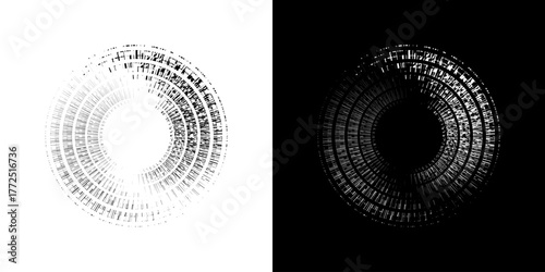 Dynamic abstract spiral sound wave rhythm lines. Circular spiral sound wave rhythm of lines. Circular futuristic abstract lines, black and white background.