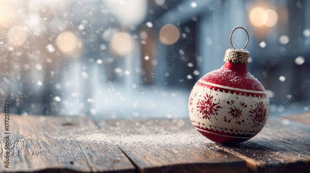 © Jayk - Festive Christmas ornament with falling snow on a rustic wooden surface