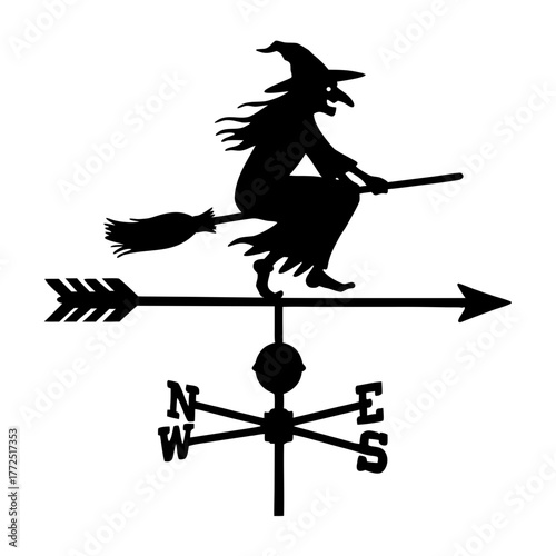Witch on a broomstick sitting on weather vane with cardinal directions, transparent background, isolated, vector  