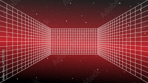 3D wireframe perspective grid room template design vector illustration background. Empty three dimensional virtual room perspective wireframe grid geometric sketch. Cyber virtual line interior frame.