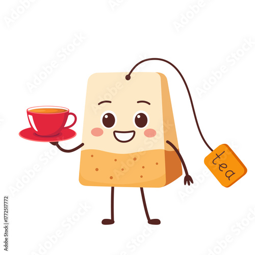 Tea bag cute character cartoon holding a mug of tea, smiling face cheerful kawaii happy emotions vector illustration.