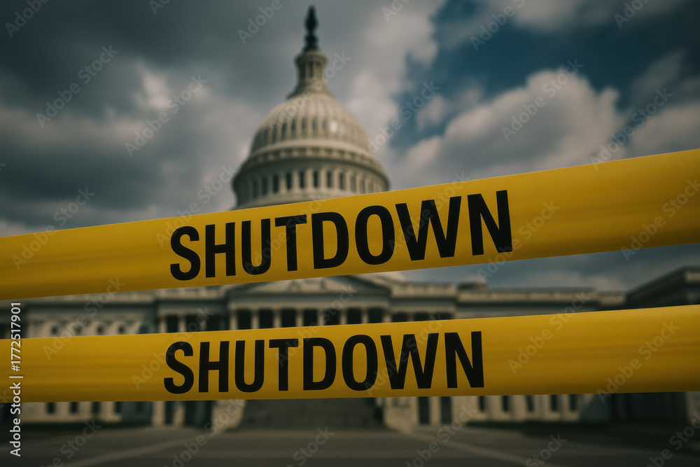 Fototapeta premium Dramatic political government shutdown crisis concept. capitol building in Washington blocked by yellow tape symbolizing federal closure, budget failure and political deadlock
