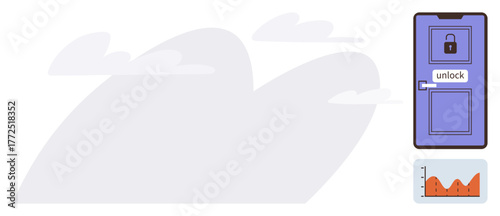 Closed padlocked door labeled unlock alongside a graph with fluctuating data, surrounded by abstract cloud shapes. Ideal for concepts thumbs up opportunity, analysis, access, decision, progress