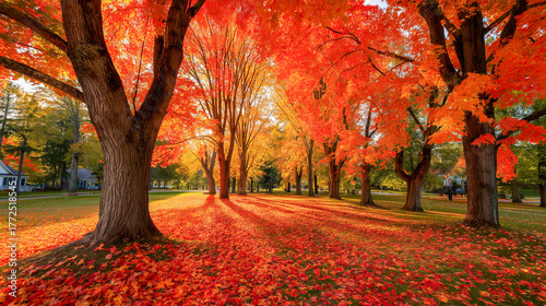 Vibrant fall colors create a peaceful park scene