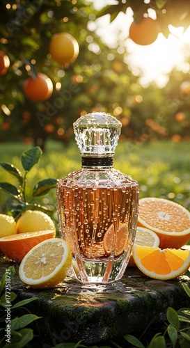 Luxury Perfume Bottle with Citrus Fruits in Sunlit Orchard | Ultra-Realistic Nature-Inspired Product Photography