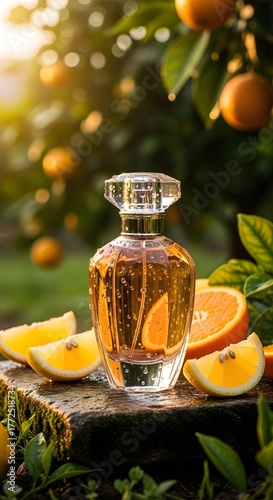 Luxury Perfume Bottle with Citrus Fruits in Sunlit Orchard | Ultra-Realistic Nature-Inspired Product Photography