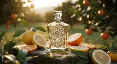 Luxury Perfume Bottle with Citrus Fruits | Ultra-Realistic Nature-Inspired Product Photography