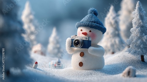 Snowman photographer in a winter wonderland with a vintage camera