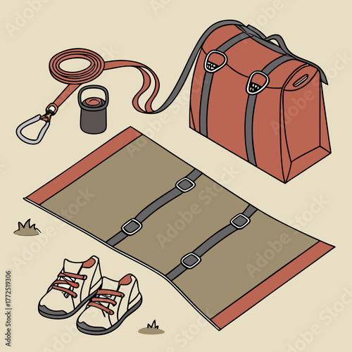 Climbing Gear and Duffel Bag Laid Out on the Ground Keywords: climbing, gear, duffel bag, rope, leash, bucket, shoes, mat, outdoor, adventure, sport, recreation, camping, hiking, mountaineering