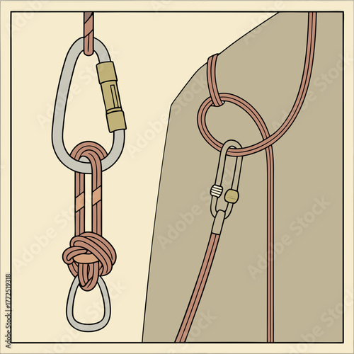 Climbing Rope Knots and Carabiners Illustrated on a Beige Background Keywords: climbing, rope, knot, carabiner, equipment, safety, gear, belay, rappel, ascender, descender, mountaineering, rock