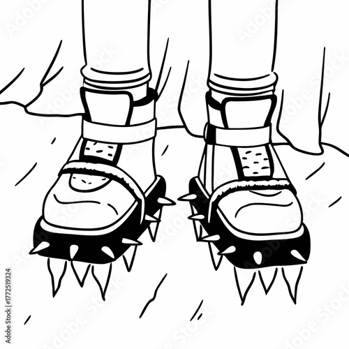 Close up of mountaineering boots with crampons on rocky terrain Keywords: boots, mountaineering, climbing, crampons, spikes, ice axe, winter, snow, gear, equipment, footwear, outdoor, adventure