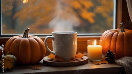 cozy window view with pumpkins, candle, and steaming mug