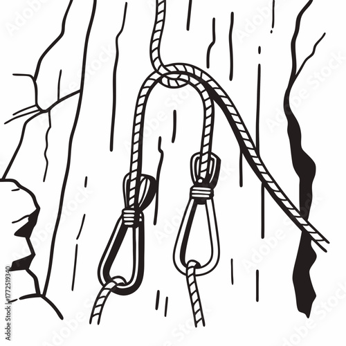 Close-up illustration of climbing ropes and carabiners attached to a rock face Keywords: climbing, rope, carabiner, rock, climbing gear, equipment, safety, mountaineering, adventure, sport