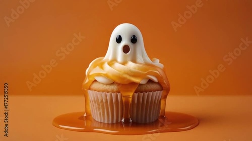 honey dripping on pumpkin cupcake, slow motion, bokeh lights