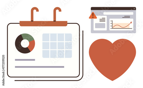Calendar with pie chart and grid, alert webpage with graph, and heart shape. Ideal for data tracking, productivity, analytics, care management, user interface warnings business goals. Simple flat