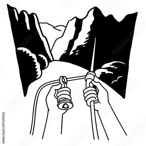 Hands holding climbing rope with mountain landscape in background mountaineering adventure
