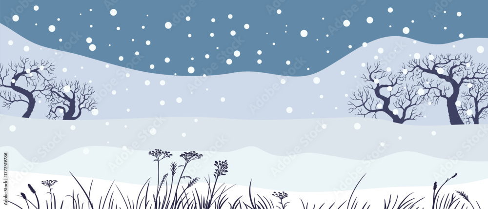 Fototapeta premium vector drawing winter landscape with snow and trees, hand drawn illustration,cover background