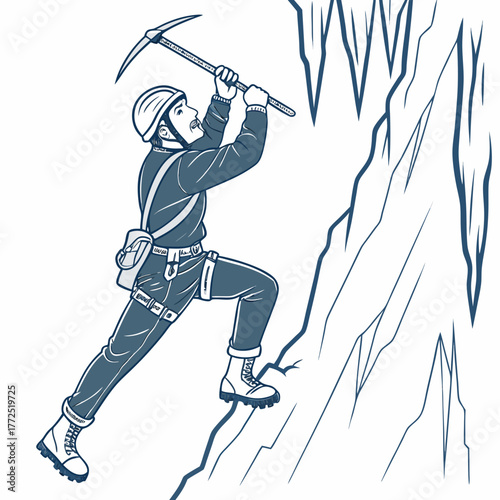 Man in helmet and harness climbing icy cliff with ice axe Keywords: climbing, ice axe, rock climbing, mountaineering, adventure, extreme sport, winter, ice, cliff, mountain, climber, person, male